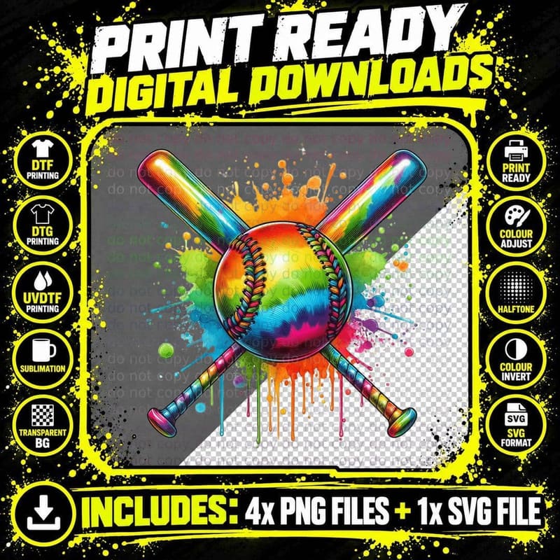 Rainbow Baseball Crossed Bats Splash Softball T-Shirt Png SVG Digital Bundle