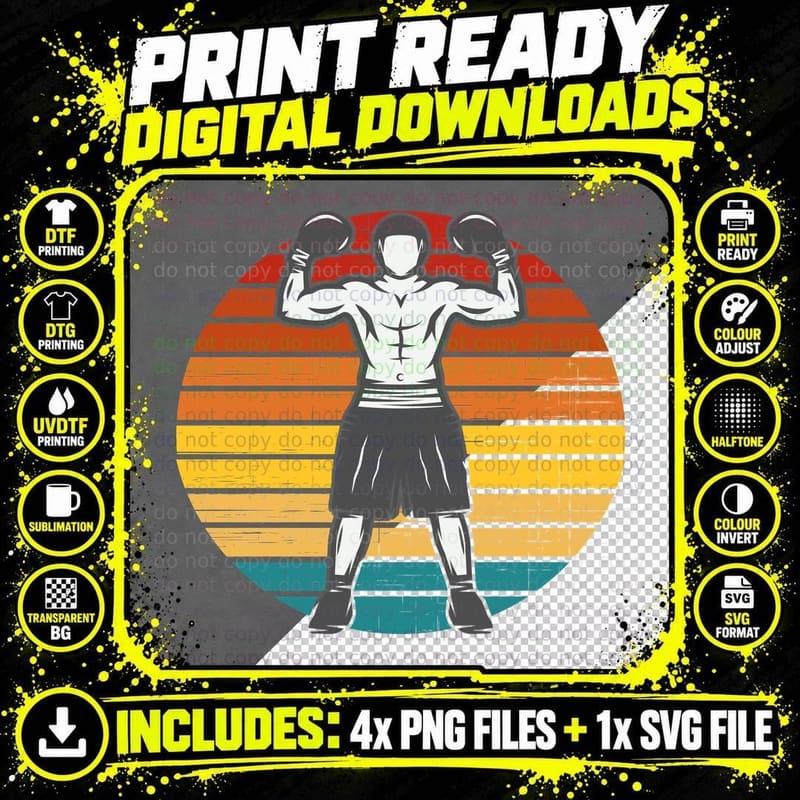 Retro Boxer Silhouette Boxing T-Shirt Png SVG Digital Bundle