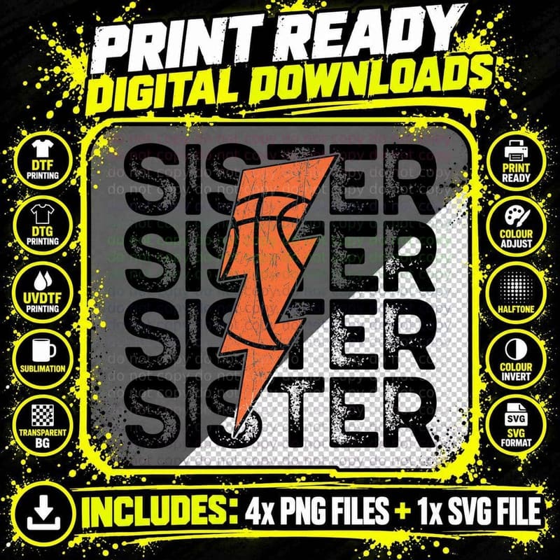 Sister Basketball T-Shirt, Orange Lightning Bolt Over Png SVG Digital Bundle