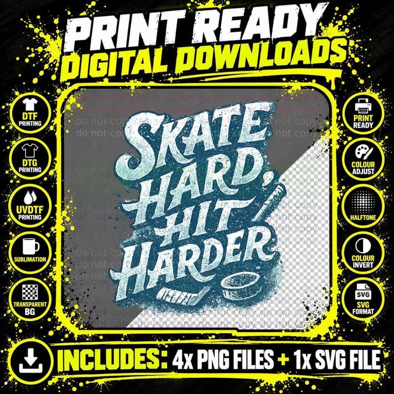 Skate Hard Hit Harder Hockey T-Shirt Png SVG Digital Bundle