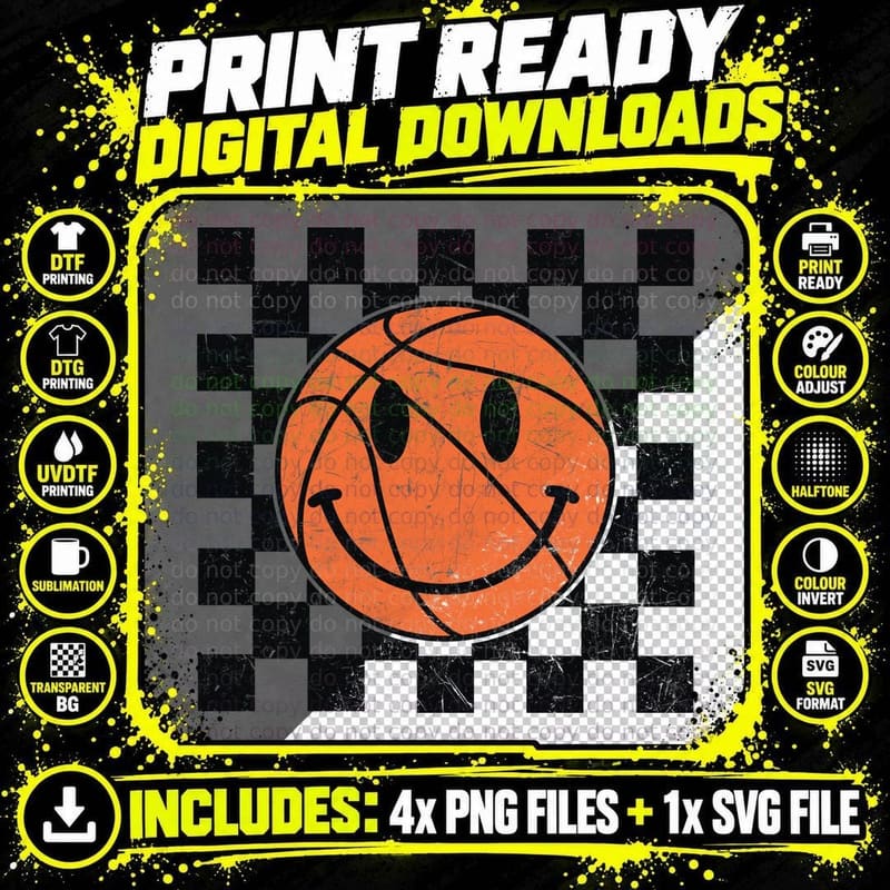 Smiley Face Basketball on Checkered Background Png SVG Digital Bundle