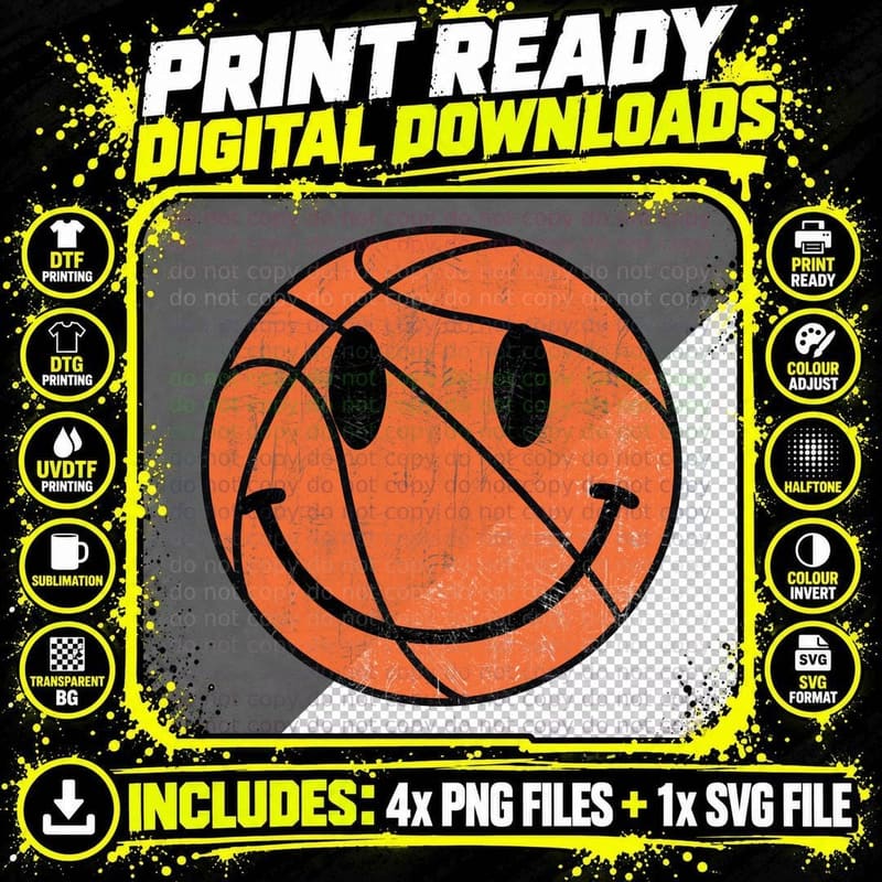 Smiley Face on Basketball T-Shirt, Basketball Graphic Tee Png SVG Digital Bundle
