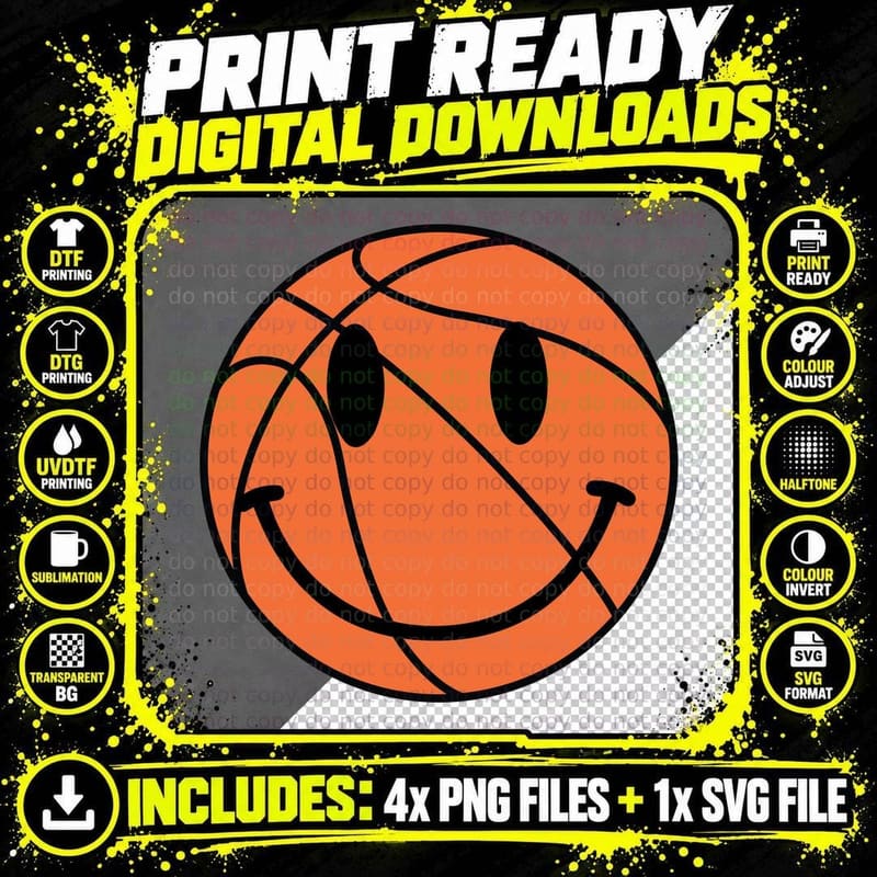 Smiling Basketball Face Basketball T-Shirt Png SVG Digital Bundle