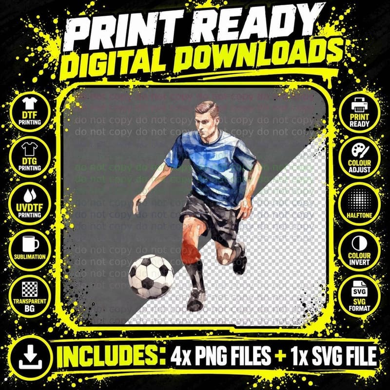Soccer Player in Blue Jersey Kicking Ball Football Png SVG Digital Bundle
