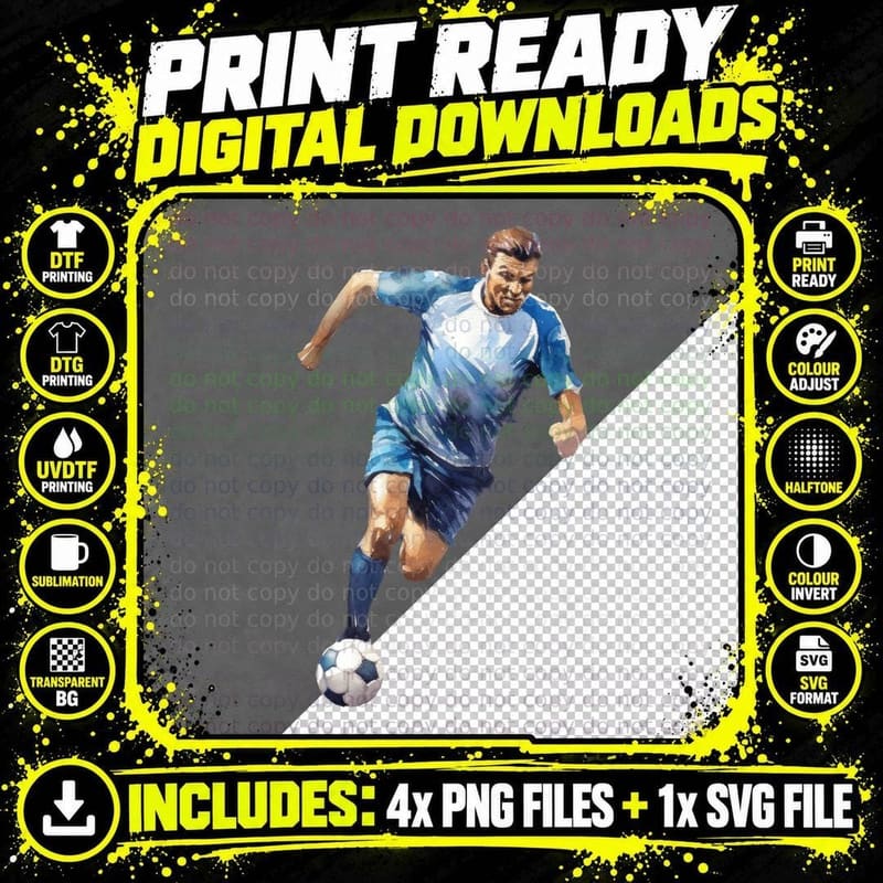 Soccer Player in Blue Uniform Kicking Ball Football Png SVG Digital Bundle