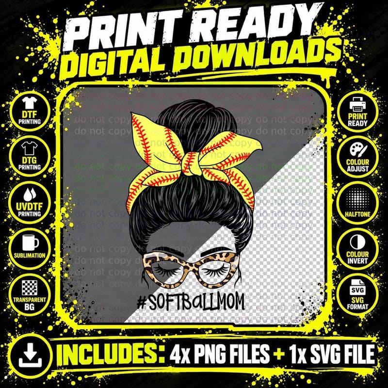 Softballmom Softball T-Shirt, Softball Mom Bun with Png SVG Digital Bundle