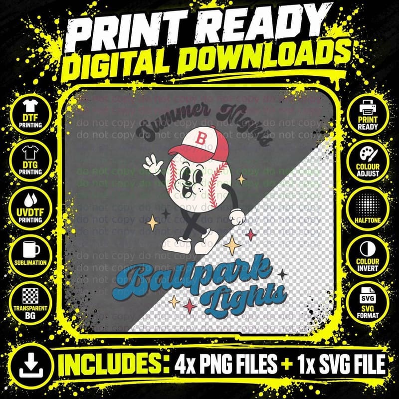 Summer Nights Ballpark Lights Baseball T-Shirt Png SVG Digital Bundle