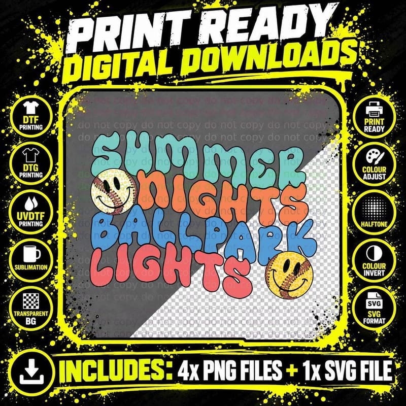 Summer Nights Ballpark Lights Softball T-Shirt Png SVG Digital Bundle