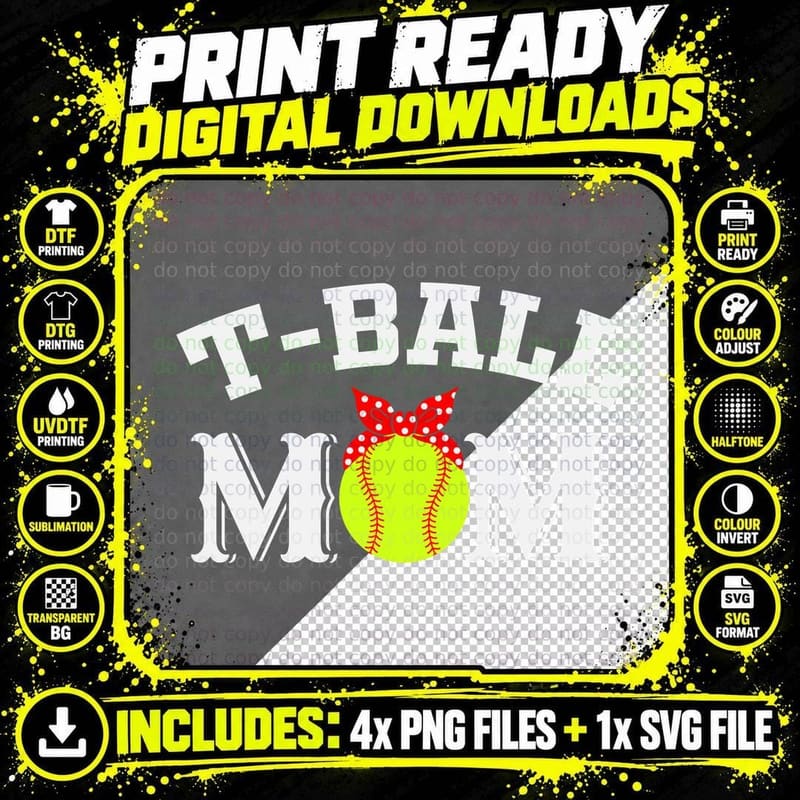T-Ball Mom Baseball T-Shirt, Softball Mom with Bow Png SVG Digital Bundle