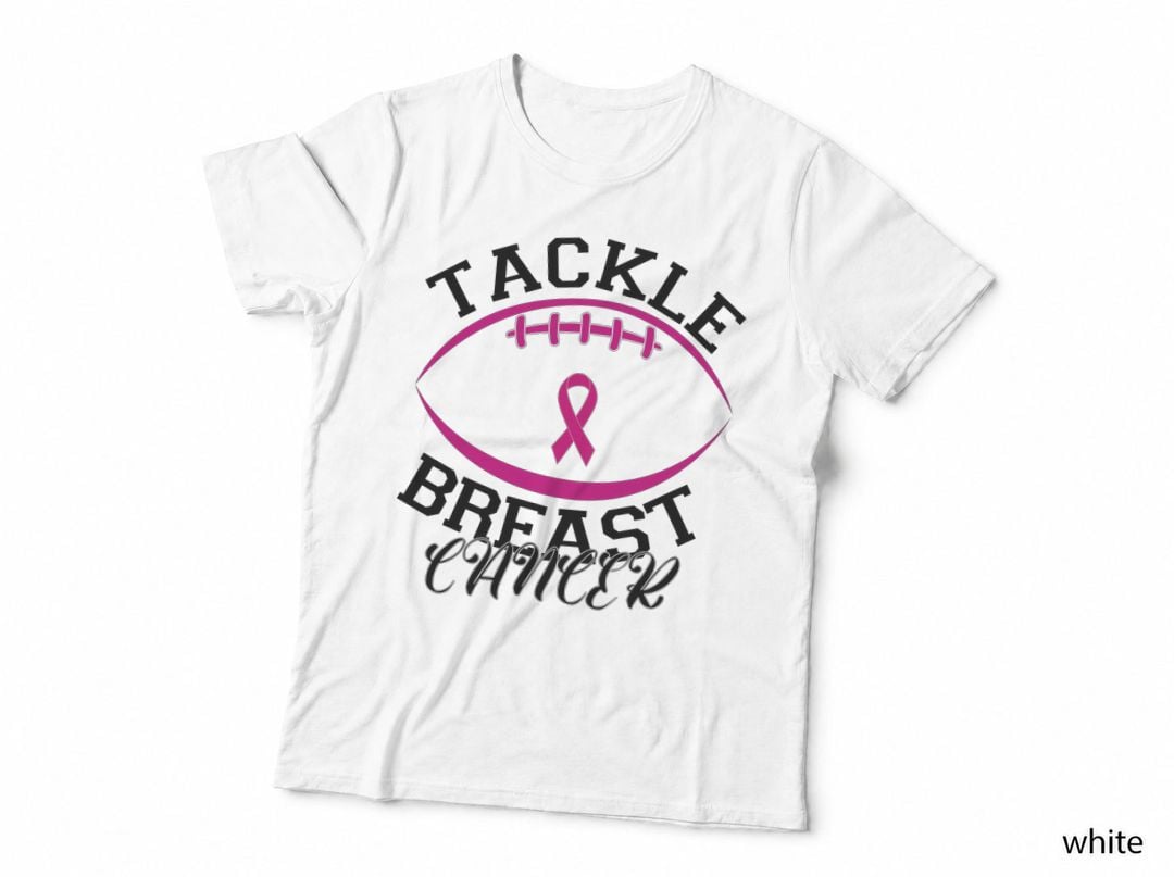 Tackle Breast Cancer Breast Cancer T-Shirt, Football and Pink Ribbon on Gray