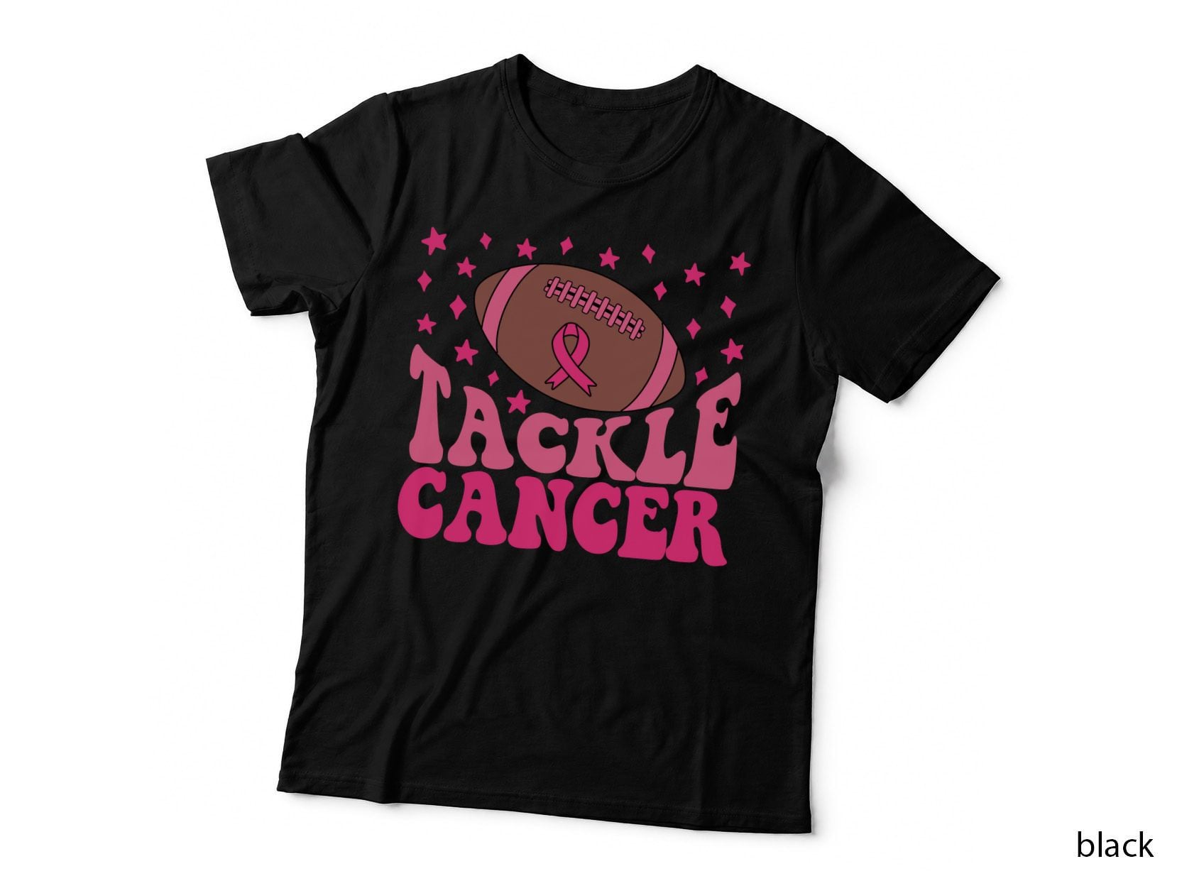 Tackle Cancer Breast Cancer T-Shirt, Football with Pink Ribbon Stars Graphic