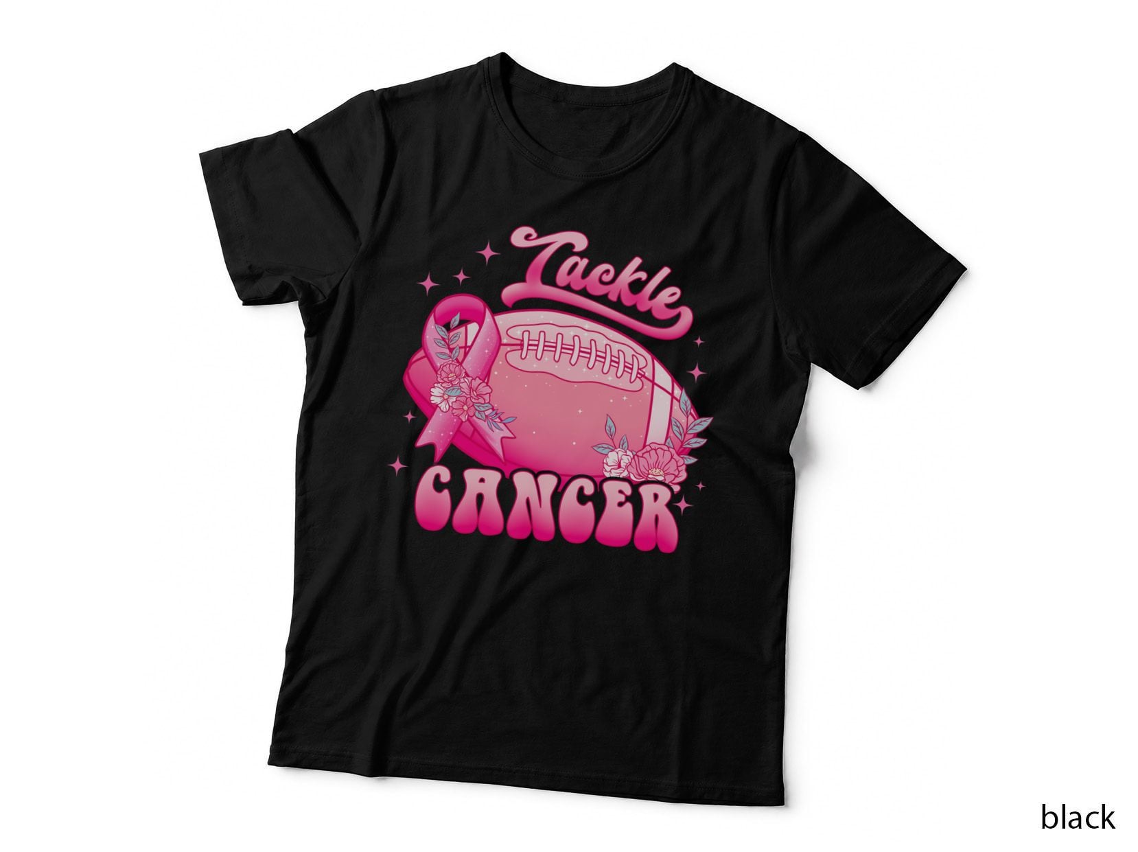 Tackle Cancer Breast Cancer T-Shirt, Pink Ribbon Football Flowers Stars Graphic