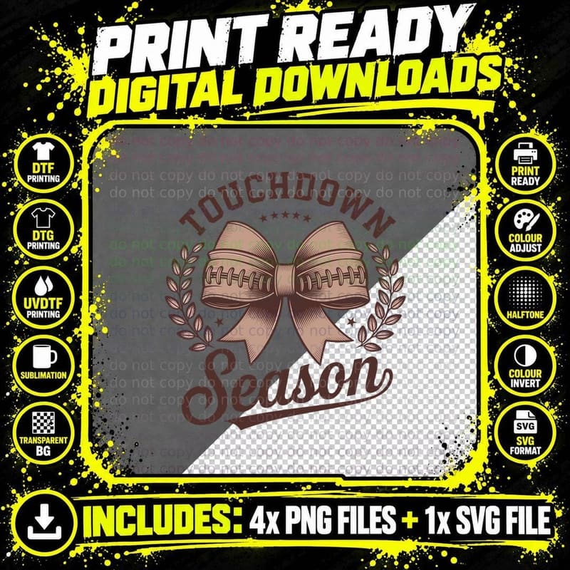 Touchdown Season Football T-Shirt, Football Bow in Png SVG Digital Bundle