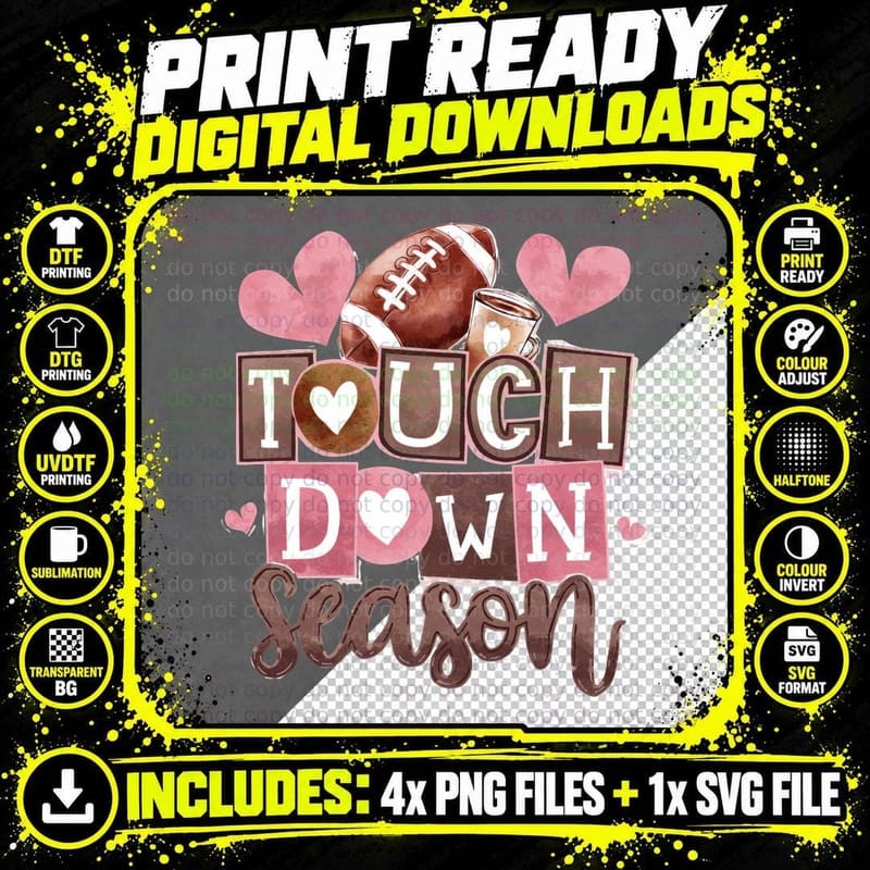 Touchdown Season Football T-Shirt, Football Hearts Png SVG Digital Bundle