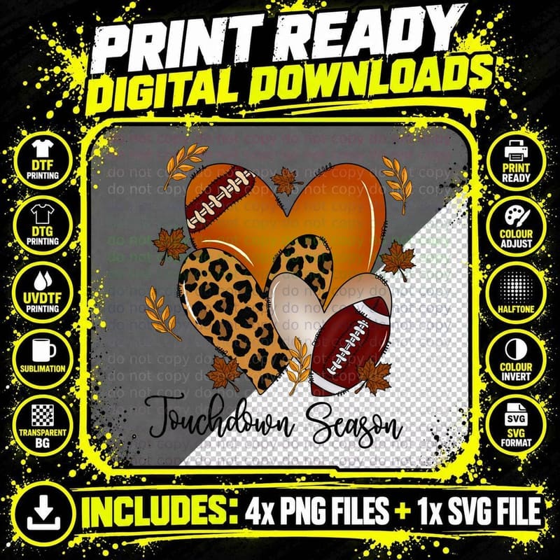 Touchdown Season Football T-Shirt, Football Hearts with Png SVG Digital Bundle