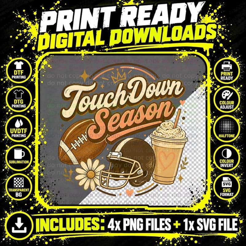 Touchdown Season Football T-Shirt, Football Helmet Drink Png SVG Digital Bundle
