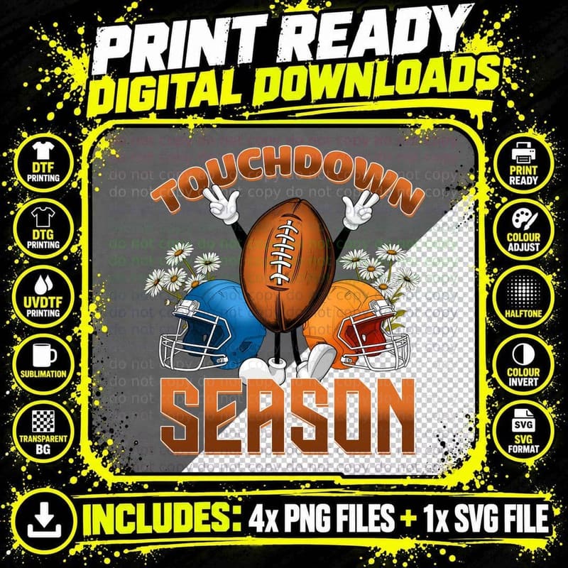 Touchdown Season Football T-Shirt, Football Helmets Png SVG Digital Bundle
