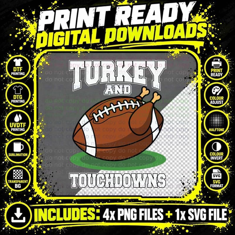 Turkey and Touchdowns Football T-Shirt Png SVG Digital Bundle