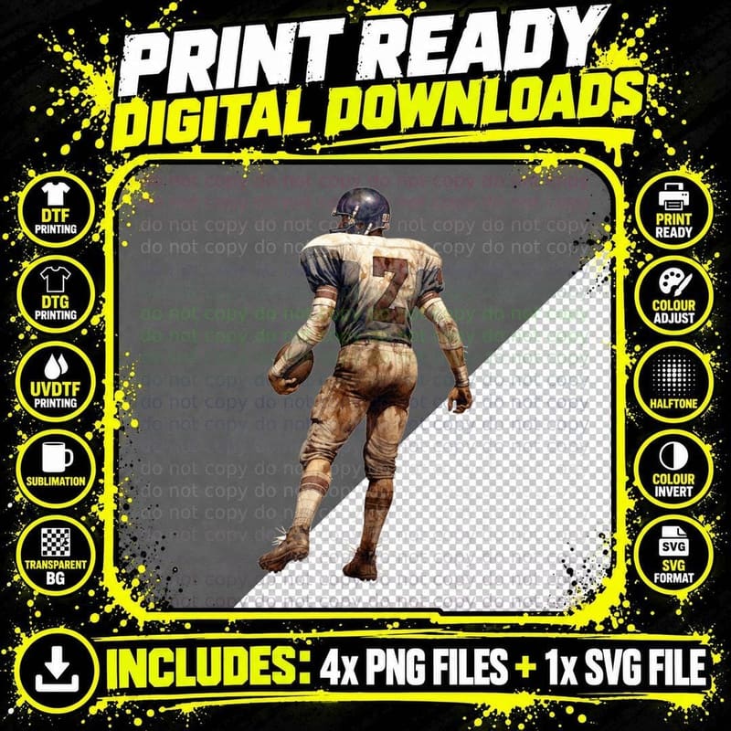 Vintage Football Player Holding Ball Football T-Shirt Png SVG Digital Bundle