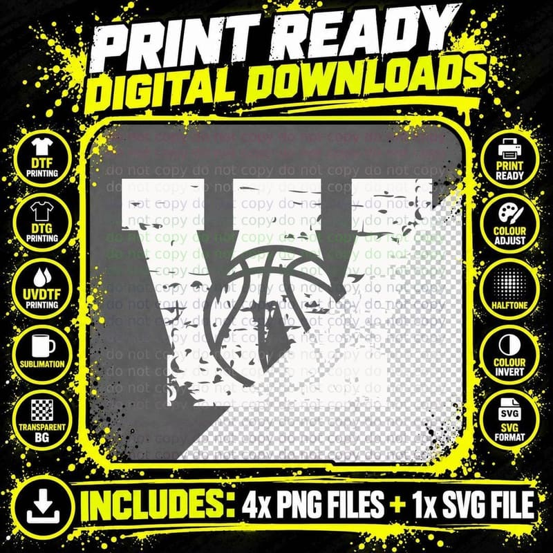 W Basketball T-Shirt, Distressed Basketball Lettering Png SVG Digital Bundle