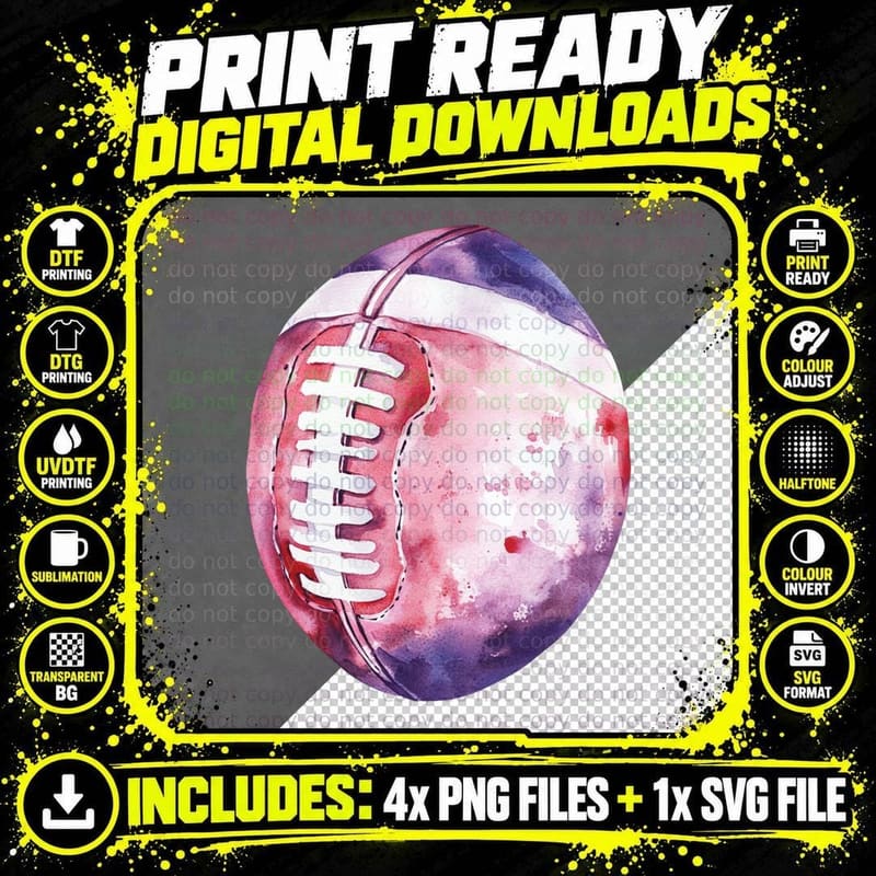 Watercolor Football T-Shirt, Football Graphic Tee Png SVG Digital Bundle