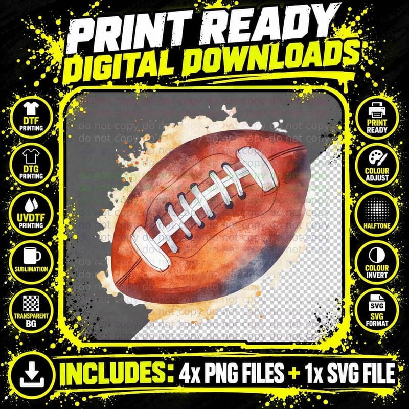 Watercolor Football on Splatter Background Football Png SVG Digital Bundle