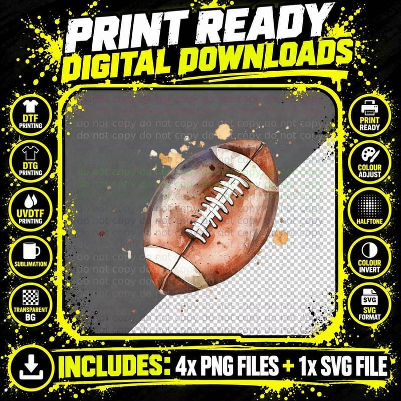 Watercolor Football with Splatters Football T-Shirt Png SVG Digital Bundle