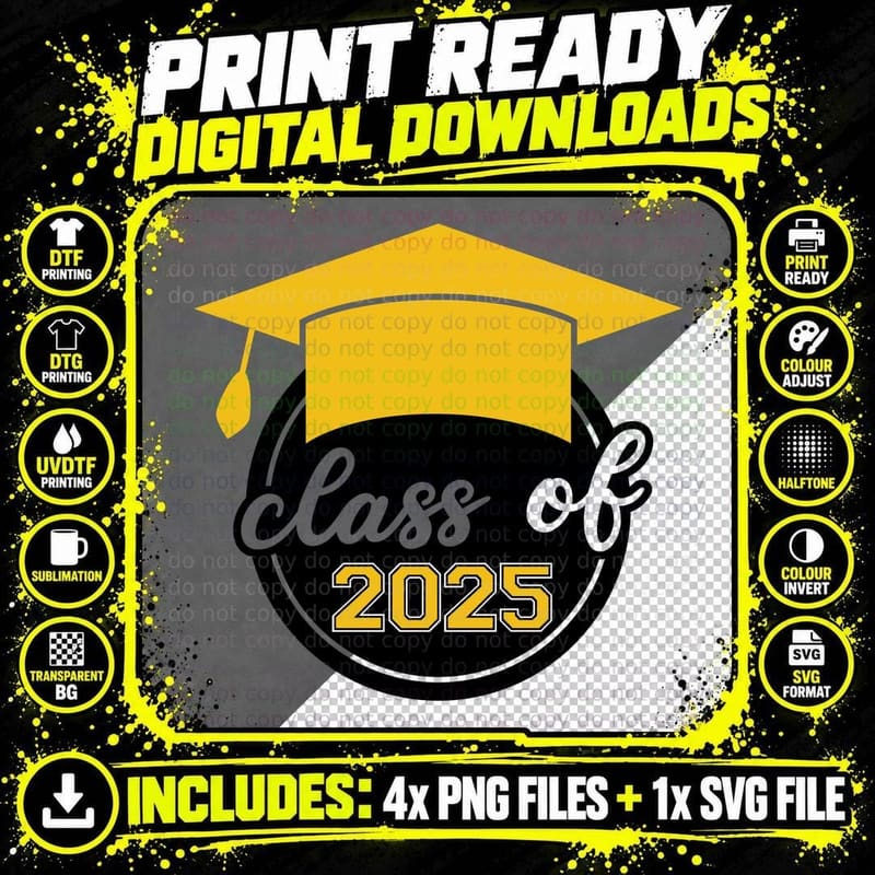 Yellow Athletic Stylized Numbers Graduation T-Shirt Png SVG Digital Bundle