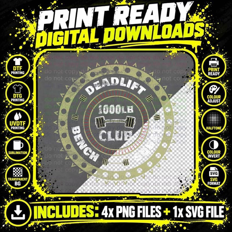 1000 Pound Club Workout Gym Distressed, Weightlifting Png SVG Digital Bundle