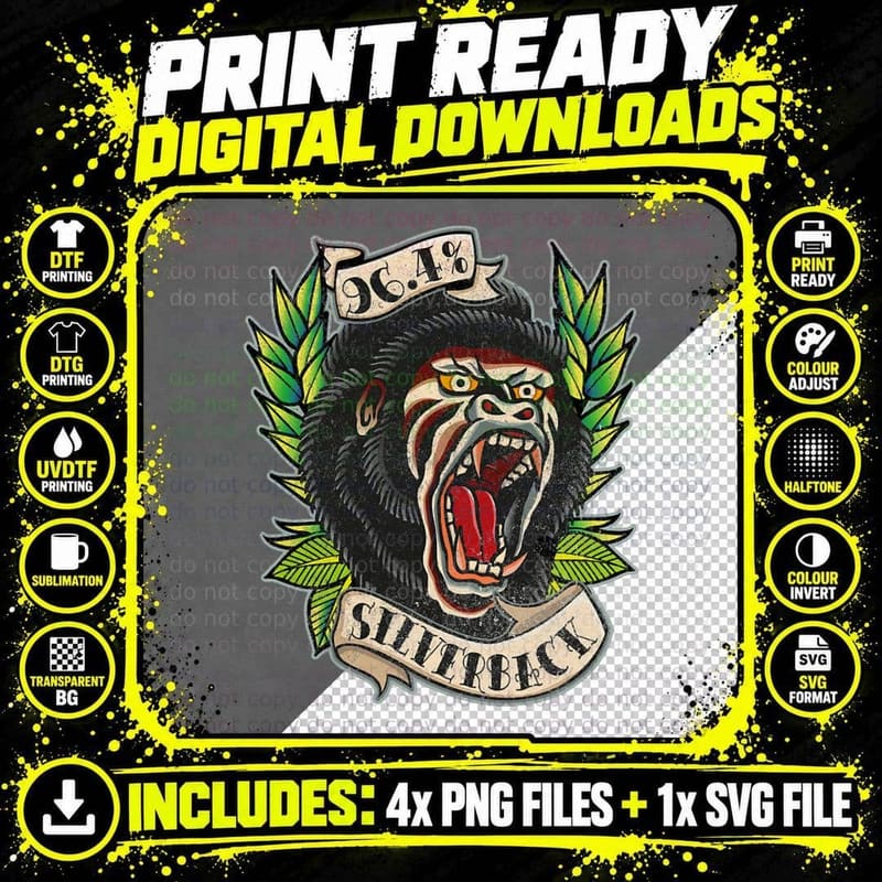 4 Silverback Gorilla, Traditional Tattoo Style Gym Png SVG Digital Bundle