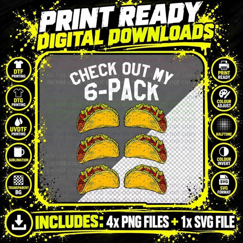 6 Pack Fitness Taco Funny Mexican Gym Top for Taco Png SVG Digital Bundle