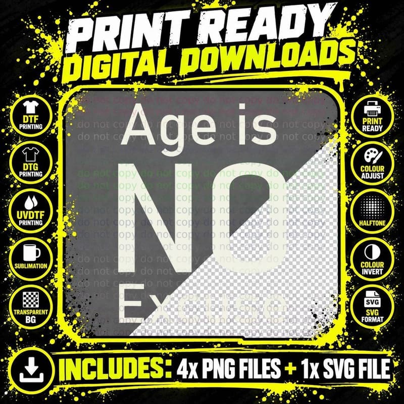 Age Is No Excuse Funny Old Age and Gym Lovers Design Png SVG Digital Bundle