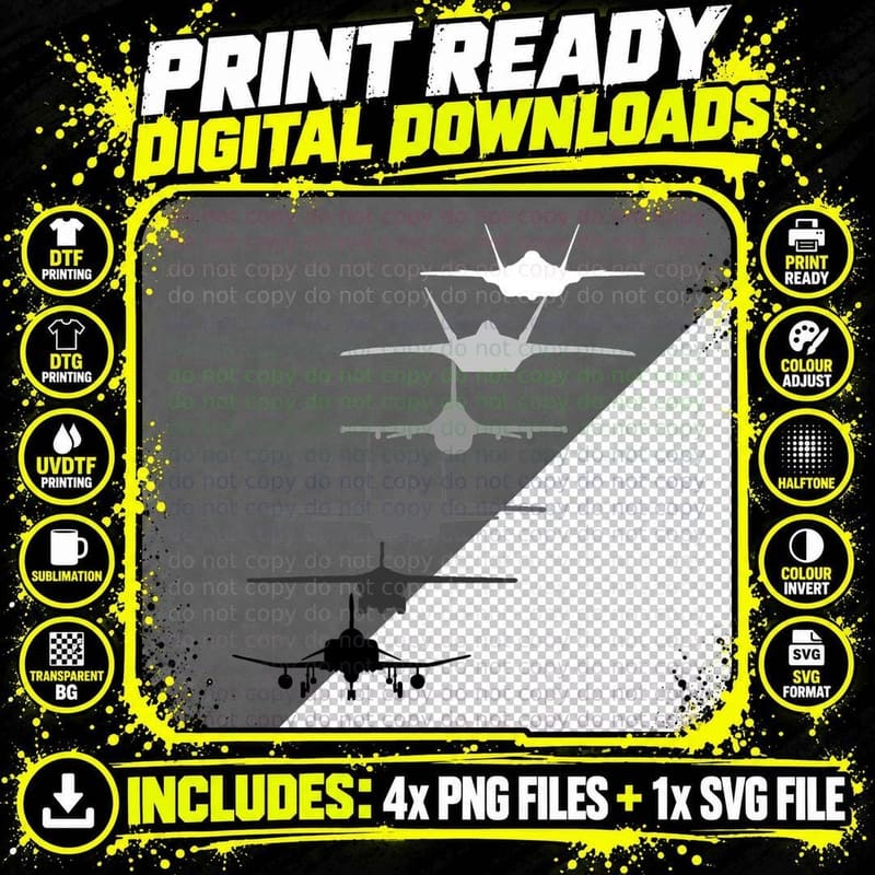 Air Force Fighter Jets F-4 F-111 F-15 F-16 F-22 F-35 Png SVG Digital Bundle