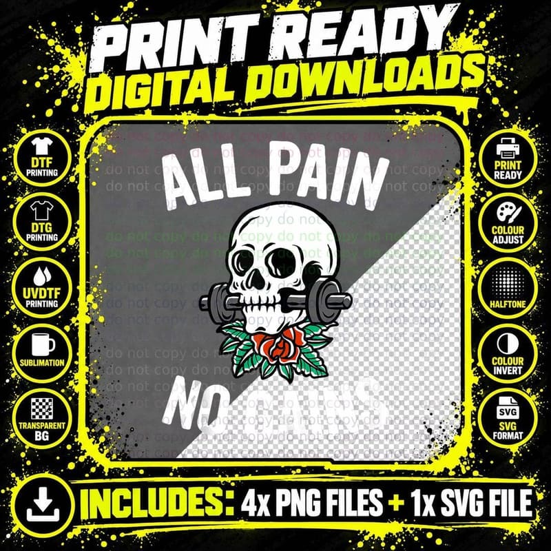 All Pain No Gains Funny Gym Fitness Workout Bodybuilding Png SVG Digital Bundle