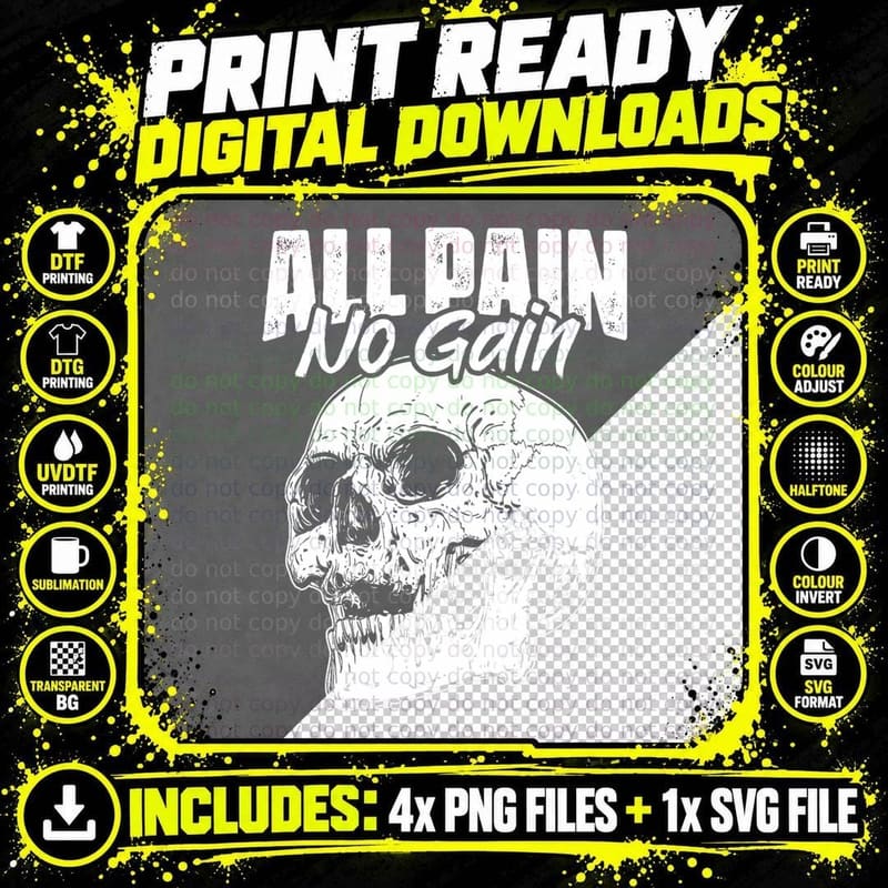 All Pain No Gains Skull Fitness Gym Slogans for Png SVG Digital Bundle