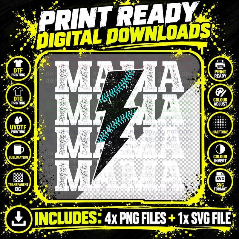 Baseball Mama Distressed Lightning Bolt Mom Png SVG Digital Bundle