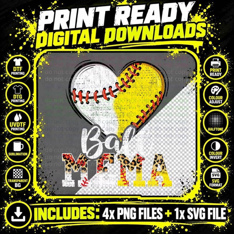 Baseball Mema Heart Baseball Softball Mama Mother's Day Png SVG Digital Bundle