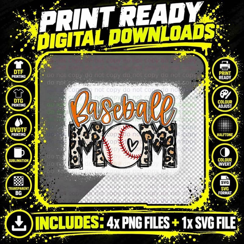 Baseball Mom Orange Leopard Baseball Mama, Baseball Png SVG Digital Bundle