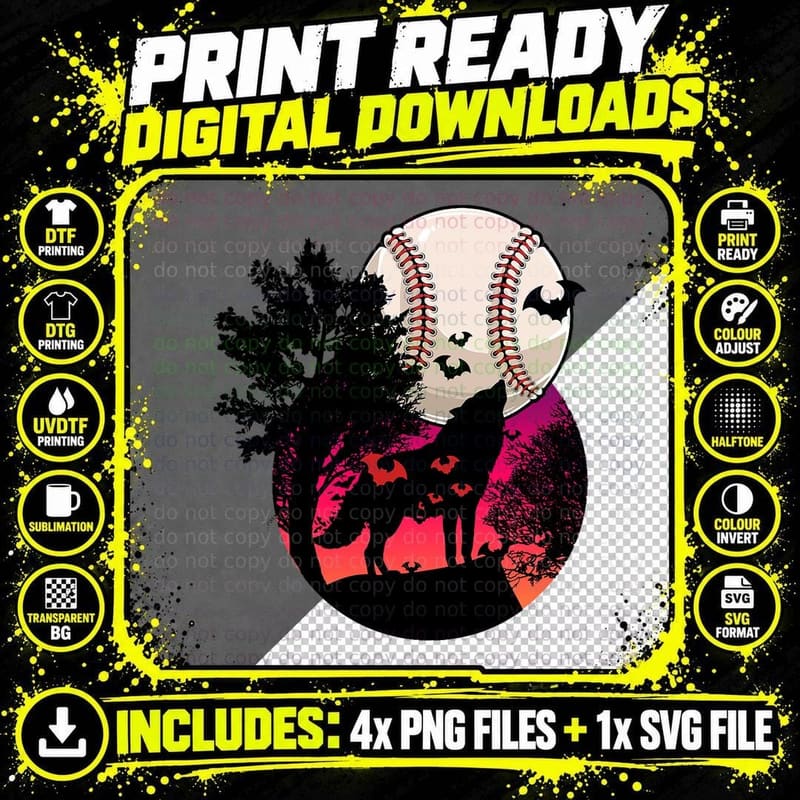 Baseball Moon Wolf Cool Sports Player Fan Pitcher Png SVG Digital Bundle