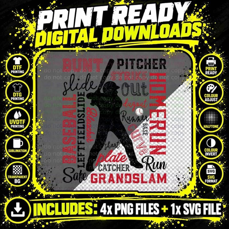Baseball Typography Word Art Boys Men Vintage Player Png SVG Digital Bundle