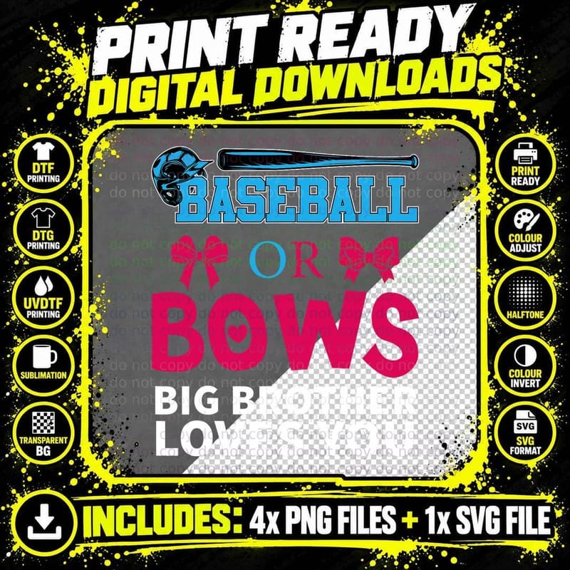 Baseball or Bows Big Brother Loves You Gender Reveal Png SVG Digital Bundle