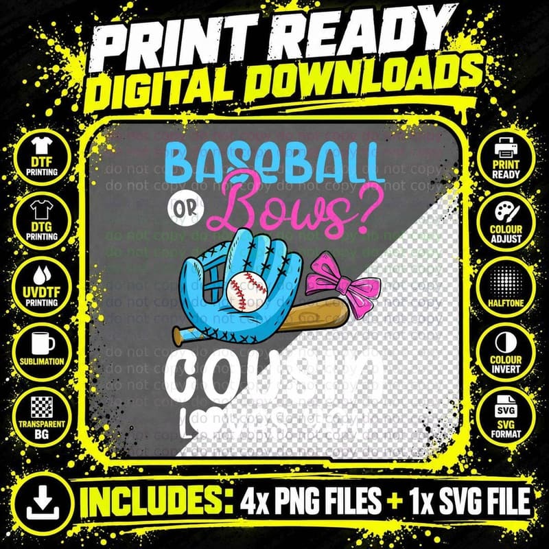 Baseball or Bows Cousin Loves You Pink or Blue Gender Png SVG Digital Bundle
