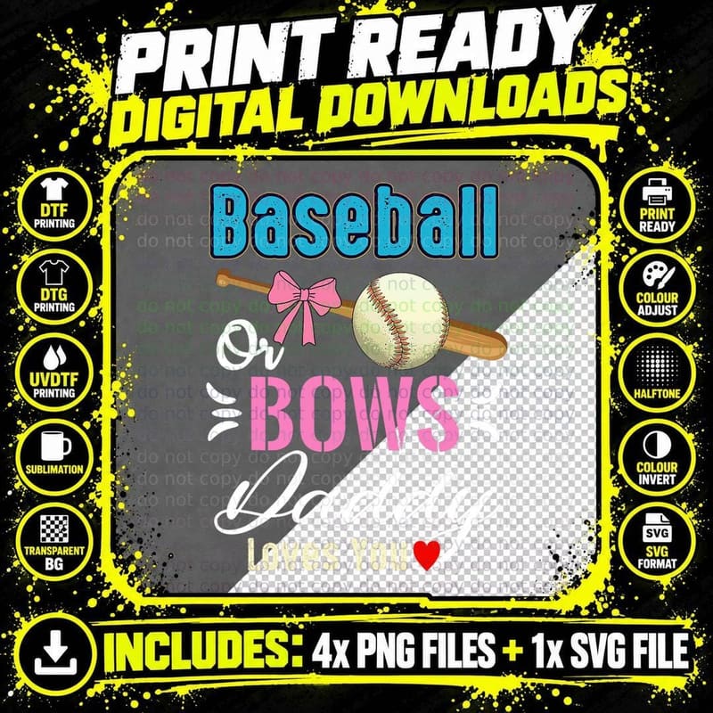 Baseball or Bows Daddy Loves You Gender Reveal Png SVG Digital Bundle