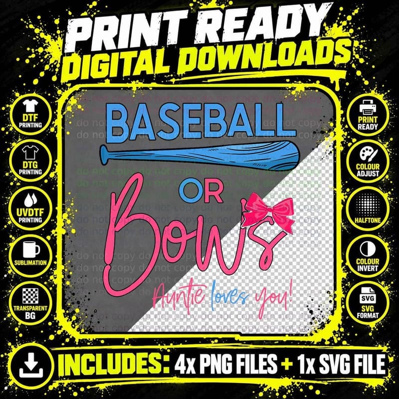 Baseball or Bows Gender Reveal Party Idea for Auntie Png SVG Digital Bundle