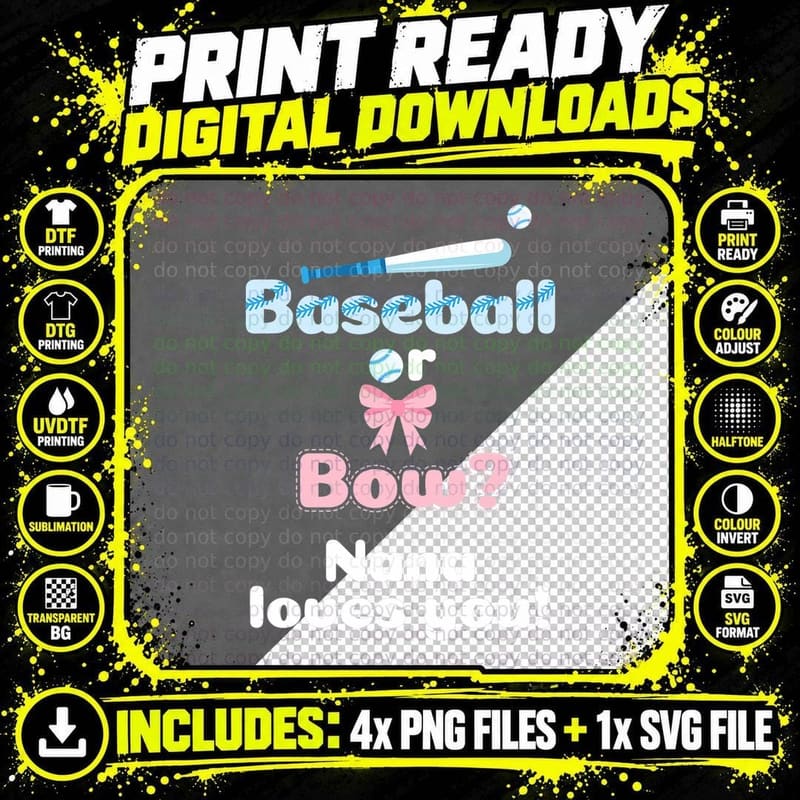 Baseball or Bows Gender Reveal Party Shirt Nana Loves Png SVG Digital Bundle