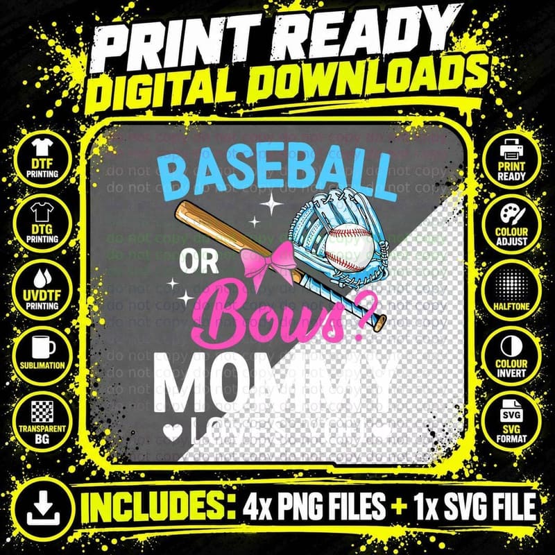 Baseball or Bows Mommy Loves You Gender Reveal Png SVG Digital Bundle