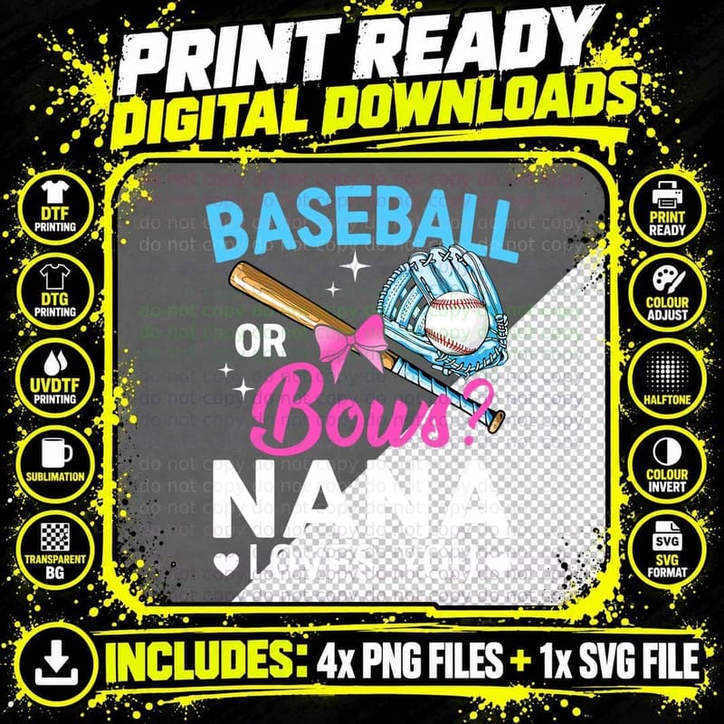Baseball or Bows Nana Loves You Gender Reveal Grandma Png SVG Digital Bundle