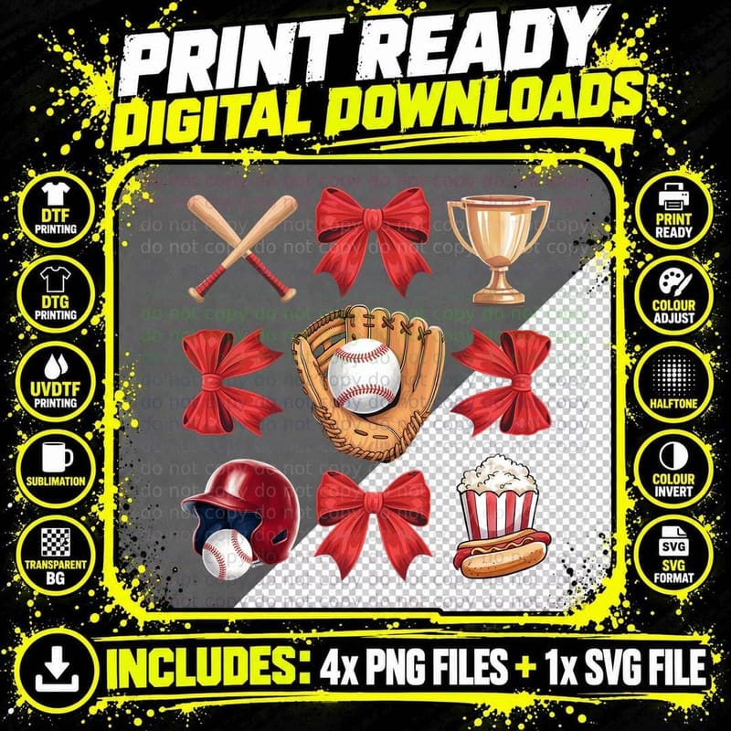 Baseball-Themed Icons with Red Bows Sport Mom T-Shirt Png SVG Digital Bundle