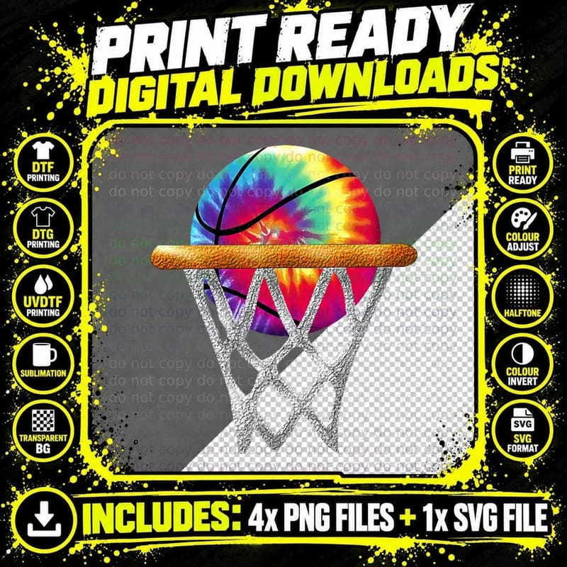 Basketball Tie Dye Retro Hippie Trippie Rainbow Swirl Png SVG Digital Bundle