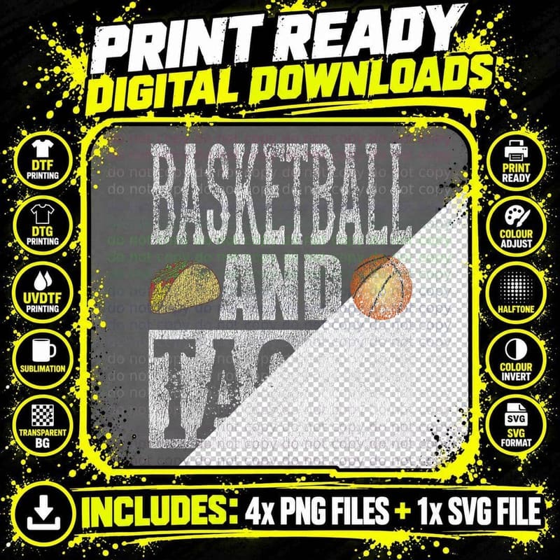 Basketball and Tacos Funny Taco Distressed Png SVG Digital Bundle